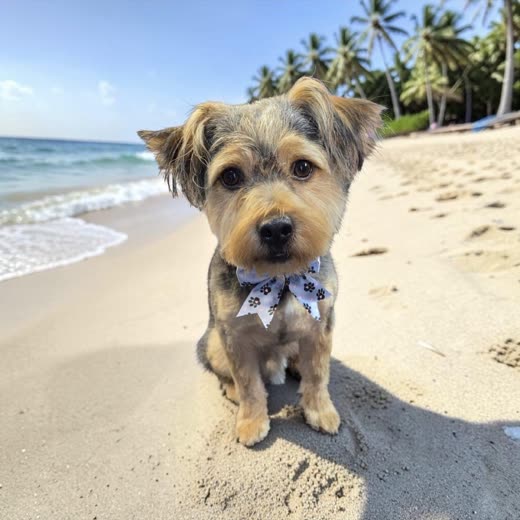 Freshly groomed Yorkie-cross wearing a patterned bow